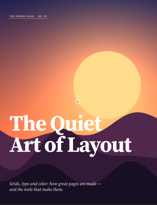 The sample magazine cover: The Quiet Art of Layout, over a sunset over layered hills