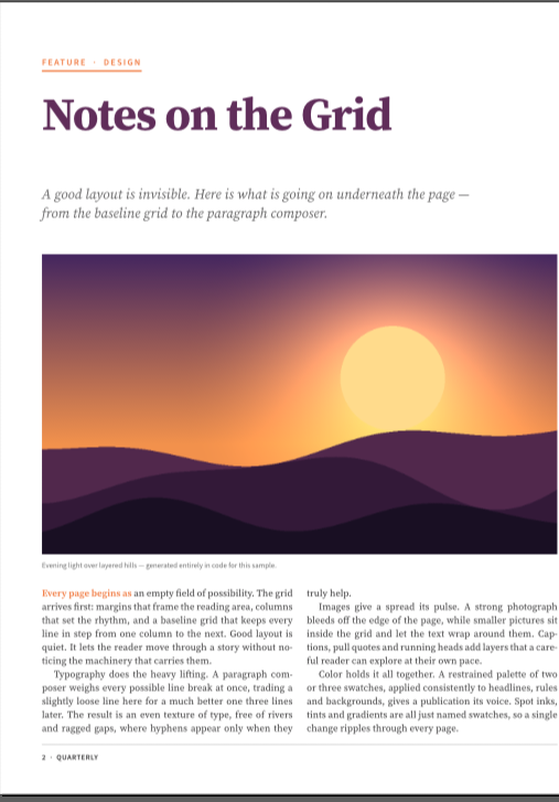Page 2 of the sample magazine: Notes on the Grid, with the sunset picture and two columns of text
