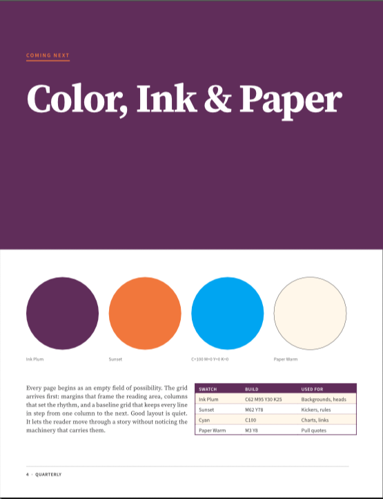 Page 4 of the sample magazine: Color, Ink and Paper, with four color swatches and a table of ink builds