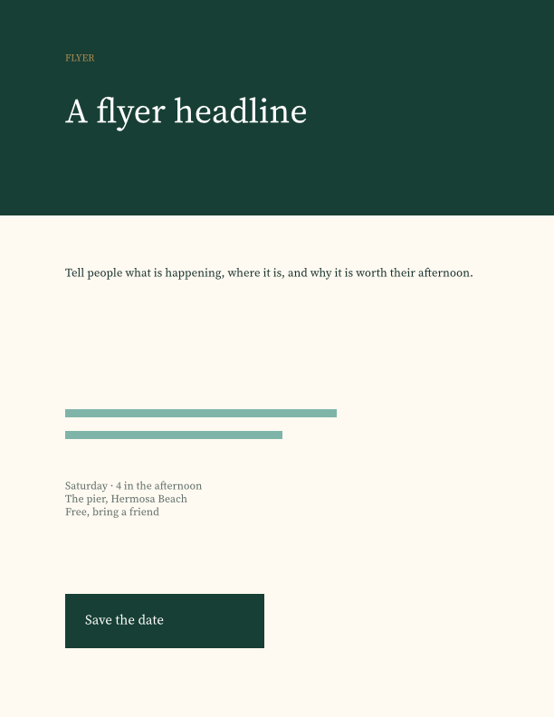 Beach Flyer: a white headline on a deep green band over cream
