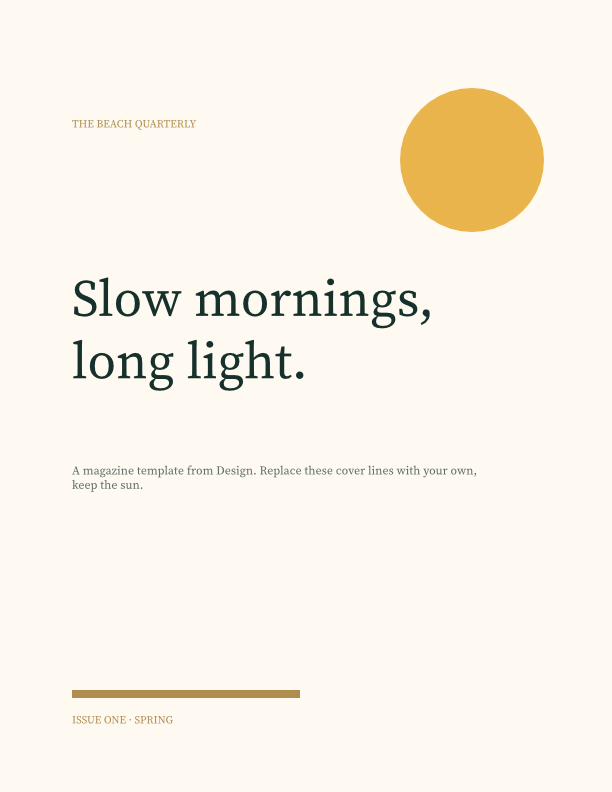 Beach Magazine cover: Slow mornings, long light, over a gold sun on cream