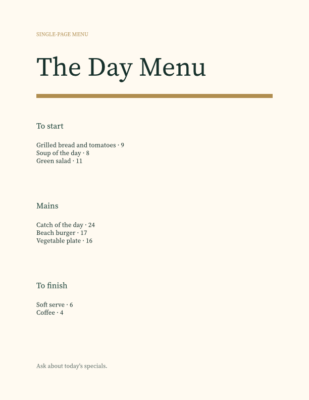 Beach Menu: The Day Menu, with sections to start, mains, and to finish